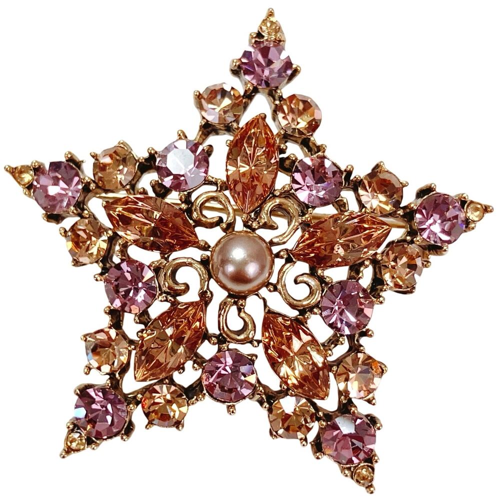 Signed Graziano 80s Gold Tone Star Brooch Amber Purple Rhinestone Estate Jewelry